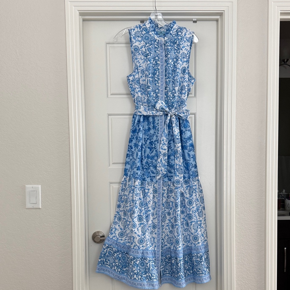 CeCe Blue and White Patterned Maxi Dress